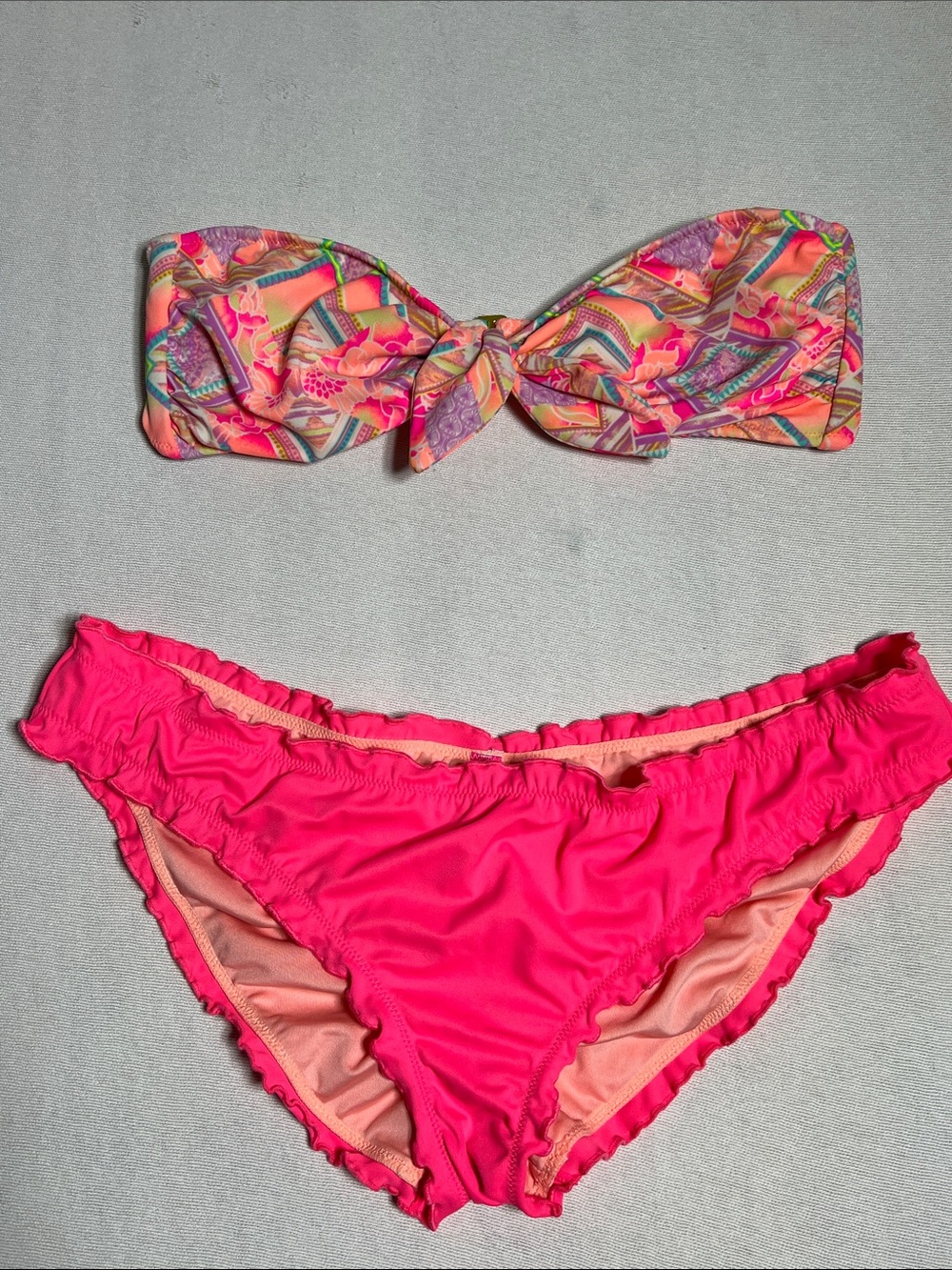 Victoria's Secret Neon Pink Bandeau Bikini Set with Multicolor Print Top